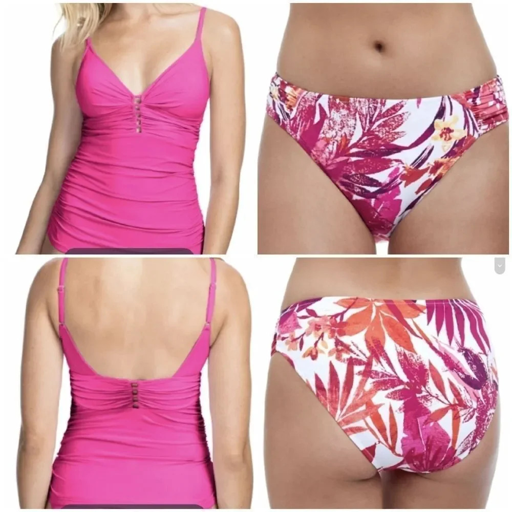 Gottex Tutti Frutti Pink V-Neck Tankini Ruched bikini Bottoms 2 Piece Swimsuit